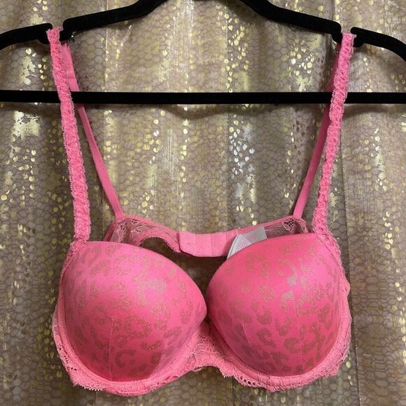 Vintage Y2K PINK Victorias Secret Hot Pink Metallic Cheetah Flirt Push Up Bra 34 - Picture 1 of 9